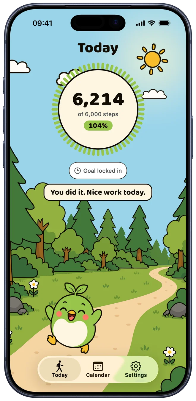 Today screen after a passed goal: 6,214 of 6,000 steps, day locked in